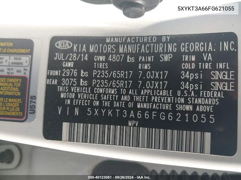 5XYKT3A66FG621055 2015 Kia Sorento Lx