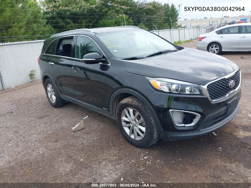 2016 Kia Sorento 2.4L Lx VIN: 5XYPGDA38GG042964 Lot: 39577803