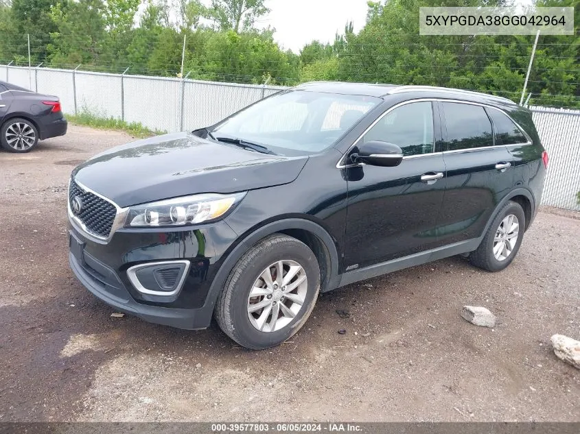 2016 Kia Sorento 2.4L Lx VIN: 5XYPGDA38GG042964 Lot: 39577803