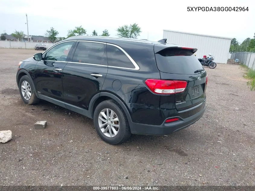 2016 Kia Sorento 2.4L Lx VIN: 5XYPGDA38GG042964 Lot: 39577803