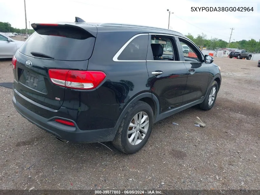 5XYPGDA38GG042964 2016 Kia Sorento 2.4L Lx