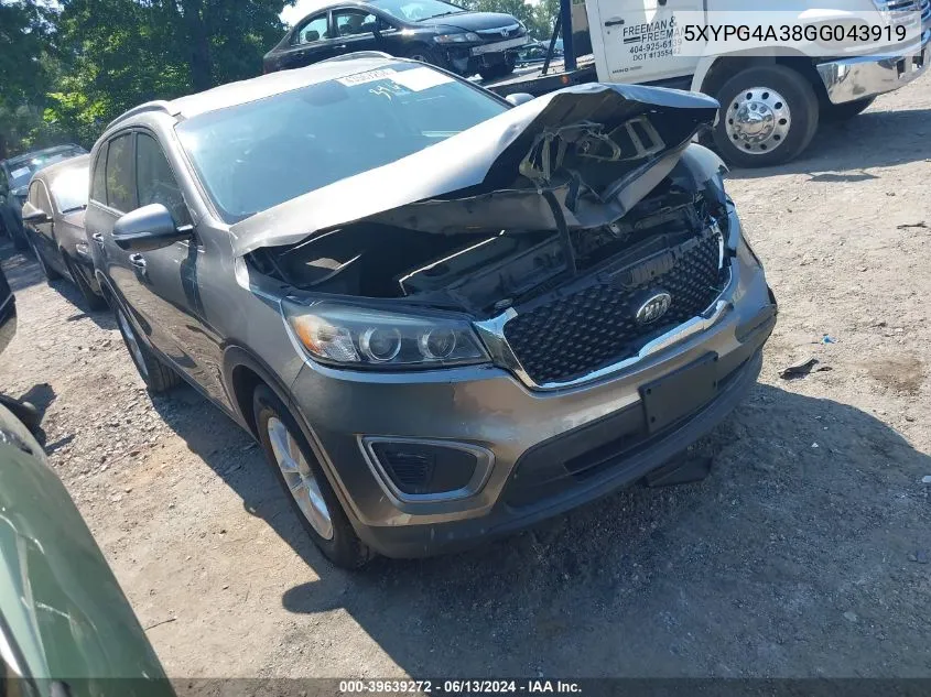 2016 Kia Sorento 2.4L Lx VIN: 5XYPG4A38GG043919 Lot: 39639272