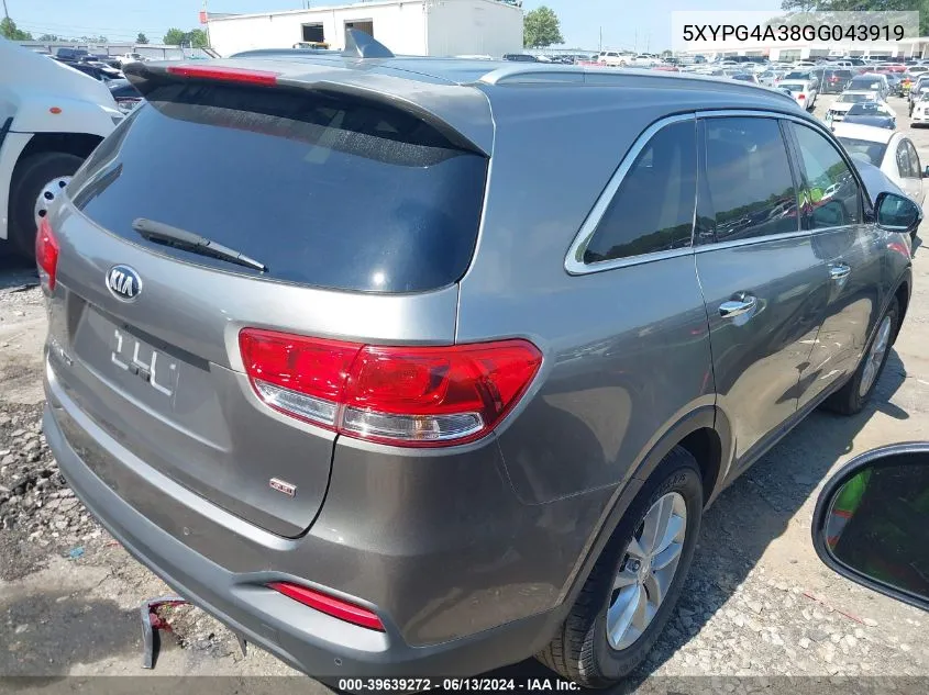 2016 Kia Sorento 2.4L Lx VIN: 5XYPG4A38GG043919 Lot: 39639272