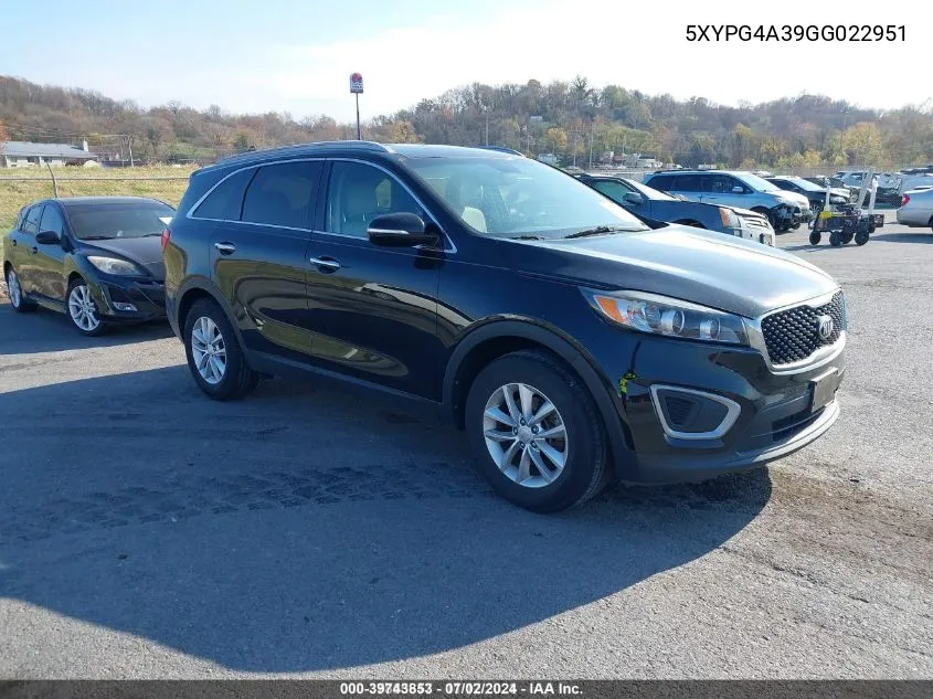 2016 Kia Sorento 2.4L Lx VIN: 5XYPG4A39GG022951 Lot: 39743853