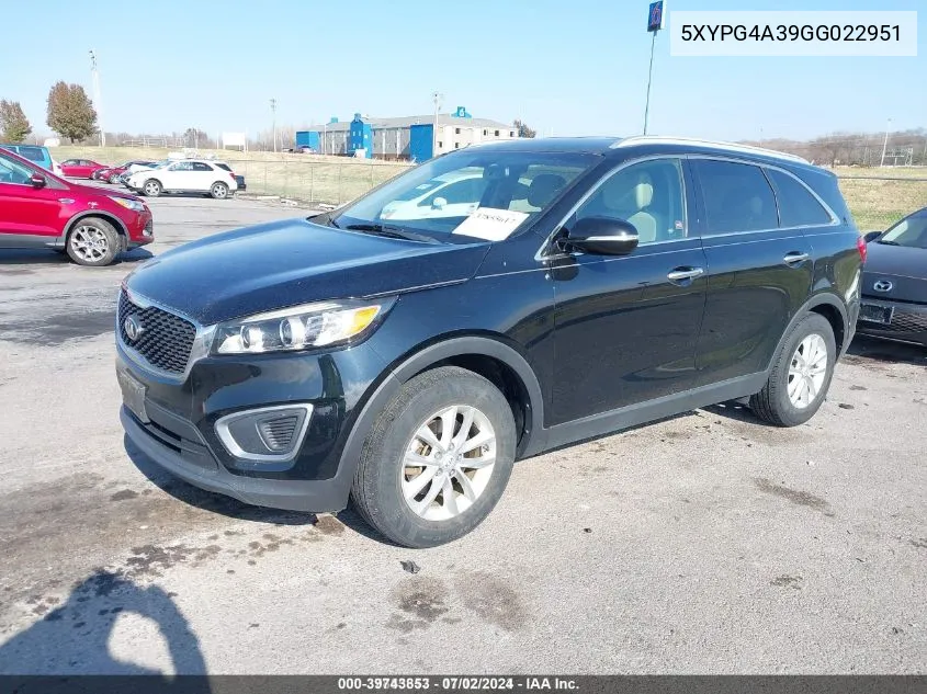 2016 Kia Sorento 2.4L Lx VIN: 5XYPG4A39GG022951 Lot: 39743853