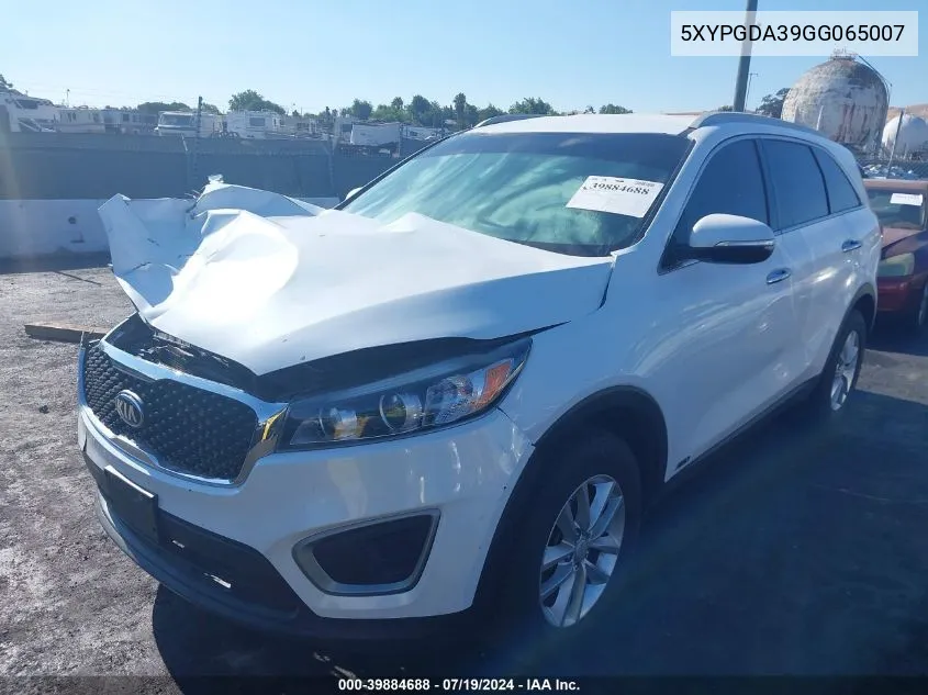 2016 Kia Sorento 2.4L Lx VIN: 5XYPGDA39GG065007 Lot: 39884688