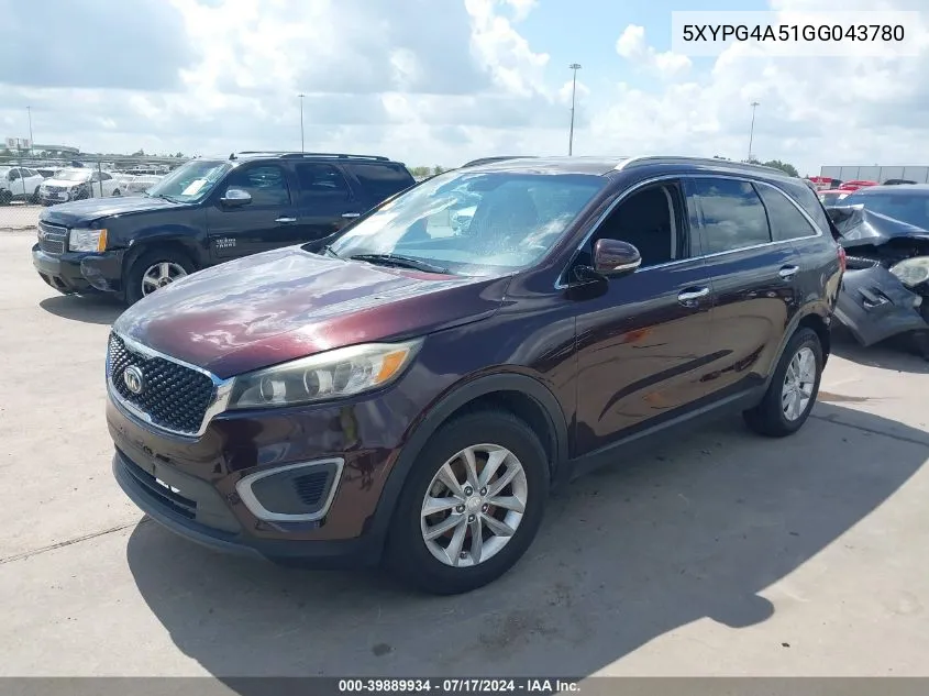 2016 Kia Sorento 3.3L Lx VIN: 5XYPG4A51GG043780 Lot: 39889934