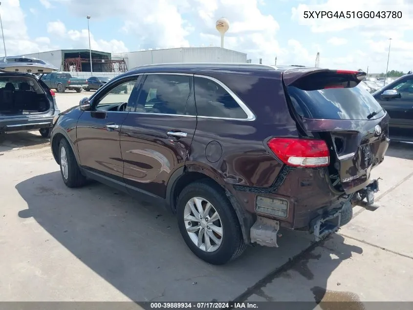 2016 Kia Sorento 3.3L Lx VIN: 5XYPG4A51GG043780 Lot: 39889934