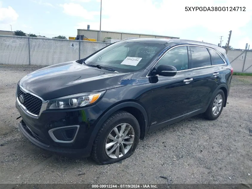 2016 Kia Sorento 2.4L Lx VIN: 5XYPGDA38GG124712 Lot: 39912244