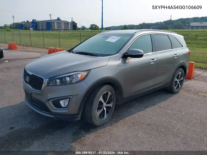 2016 Kia Sorento 3.3L Ex VIN: 5XYPH4A54GG106609 Lot: 39919217