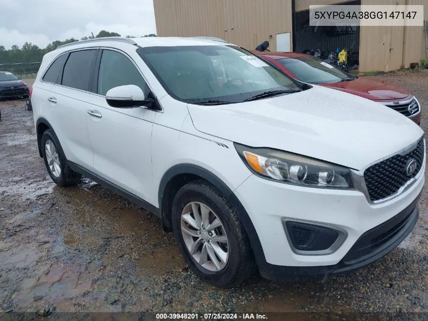 2016 Kia Sorento 2.4L Lx VIN: 5XYPG4A38GG147147 Lot: 39948201