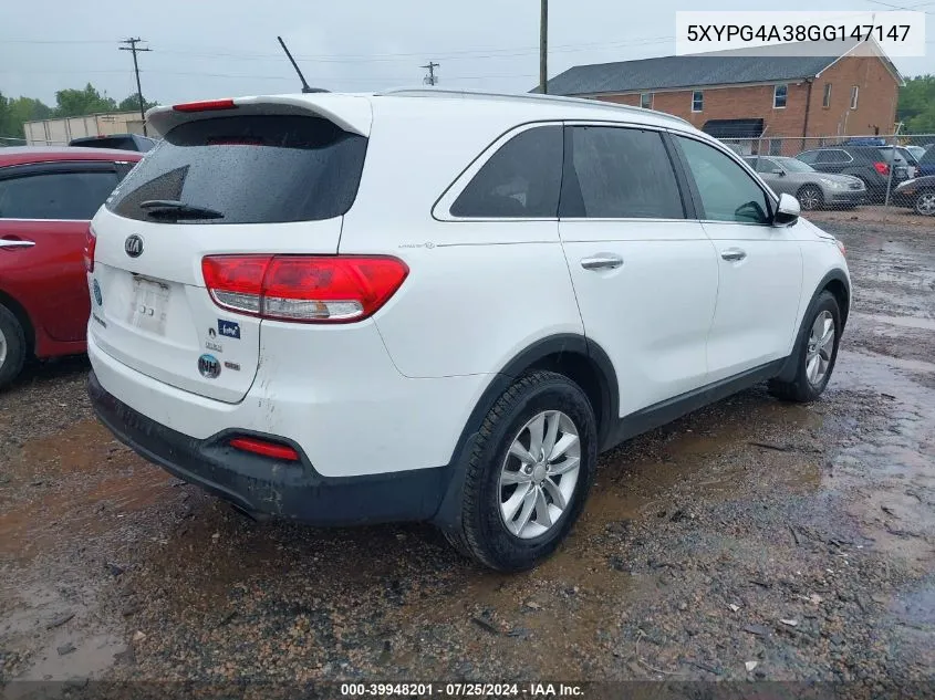 2016 Kia Sorento 2.4L Lx VIN: 5XYPG4A38GG147147 Lot: 39948201