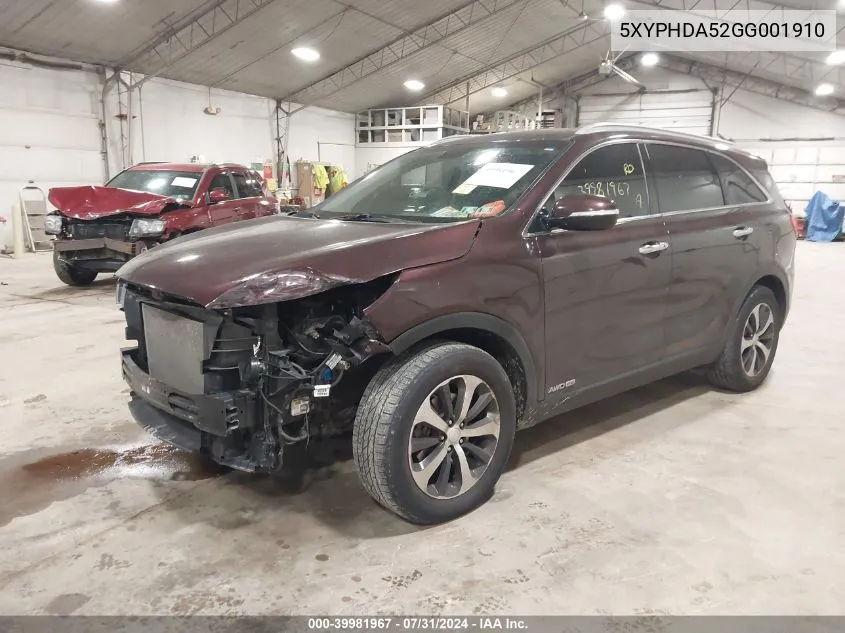 2016 Kia Sorento 3.3L Ex VIN: 5XYPHDA52GG001910 Lot: 39981967