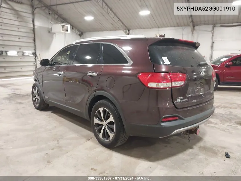 2016 Kia Sorento 3.3L Ex VIN: 5XYPHDA52GG001910 Lot: 39981967