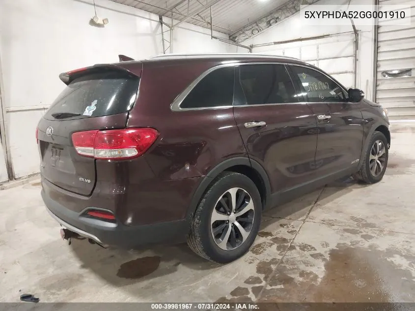 2016 Kia Sorento 3.3L Ex VIN: 5XYPHDA52GG001910 Lot: 39981967