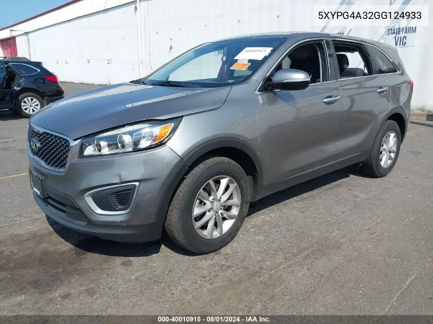 2016 Kia Sorento 2.4L L VIN: 5XYPG4A32GG124933 Lot: 40010915