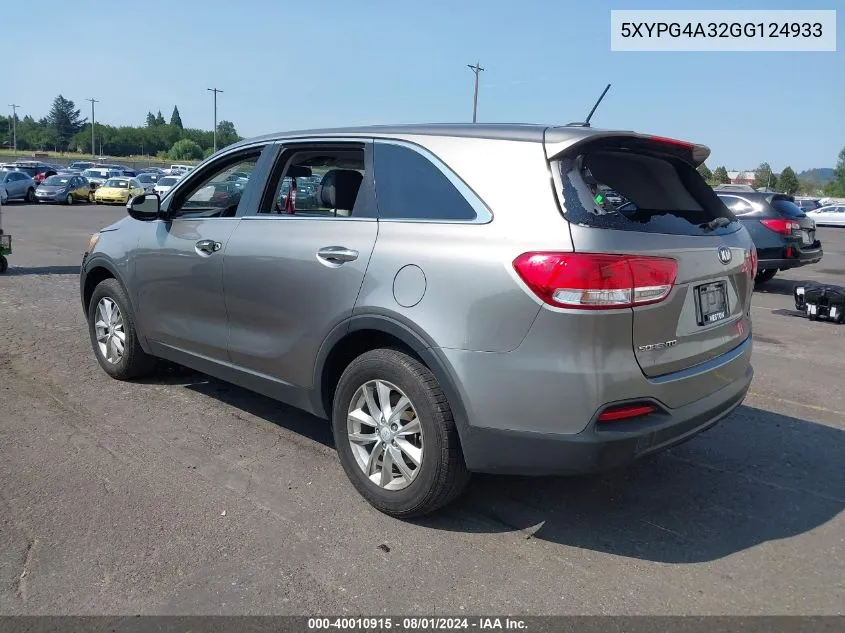 2016 Kia Sorento 2.4L L VIN: 5XYPG4A32GG124933 Lot: 40010915