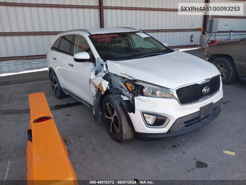 2016 Kia Sorento 3.3L Ex VIN: 5XYPH4A51GG093253 Lot: 40015372