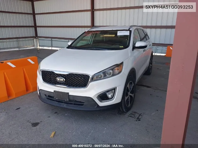 2016 Kia Sorento 3.3L Ex VIN: 5XYPH4A51GG093253 Lot: 40015372