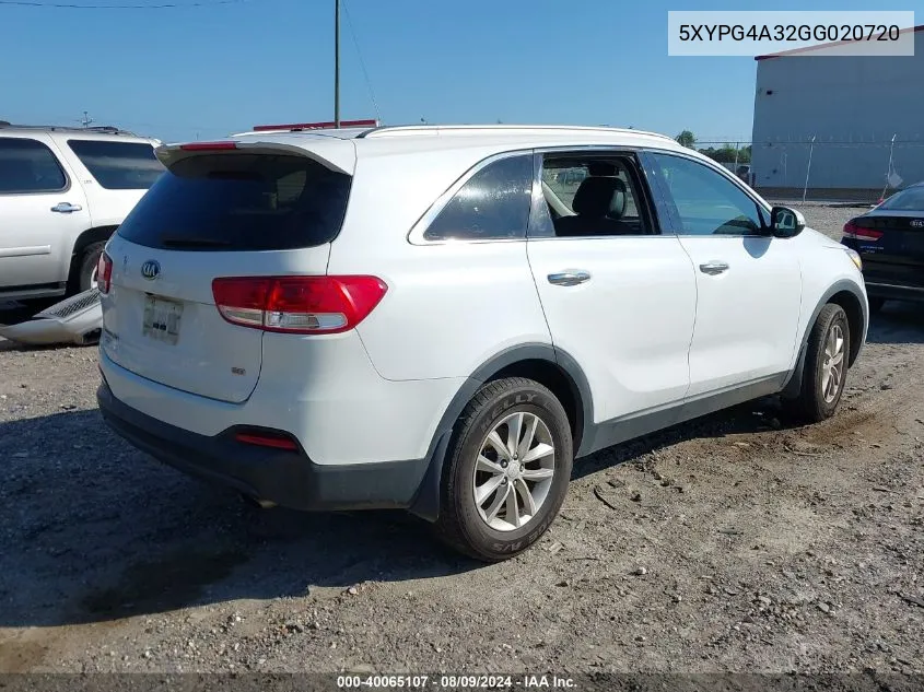 2016 Kia Sorento 2.4L Lx VIN: 5XYPG4A32GG020720 Lot: 40065107