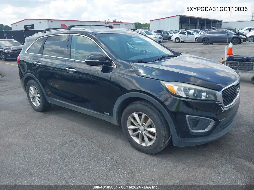 2016 Kia Sorento 2.4L Lx VIN: 5XYPGDA31GG110036 Lot: 40105031