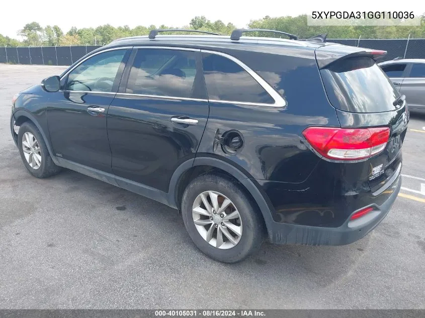 2016 Kia Sorento 2.4L Lx VIN: 5XYPGDA31GG110036 Lot: 40105031