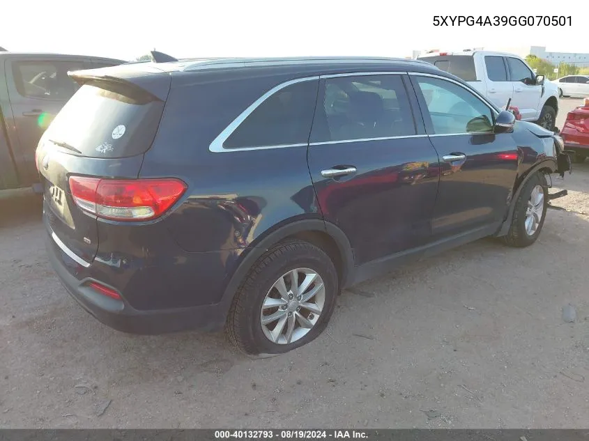 2016 Kia Sorento 2.4L Lx VIN: 5XYPG4A39GG070501 Lot: 40132793