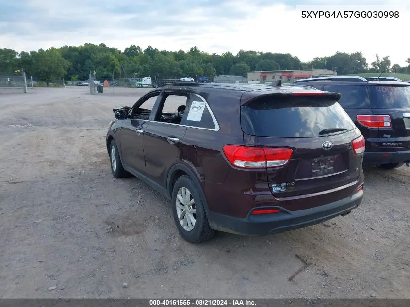 5XYPG4A57GG030998 2016 Kia Sorento 3.3L Lx