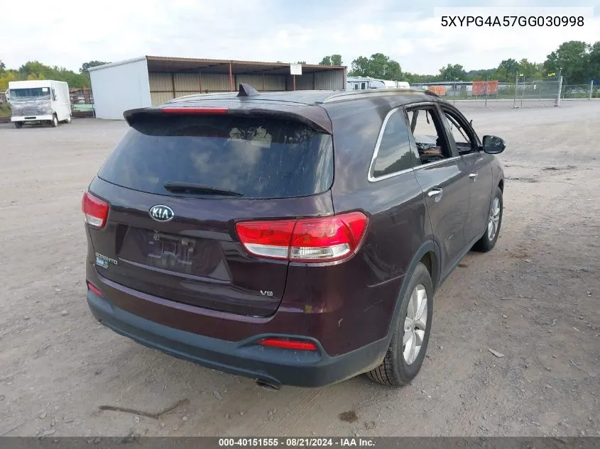 5XYPG4A57GG030998 2016 Kia Sorento 3.3L Lx