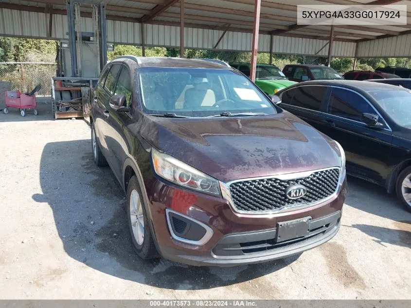 2016 Kia Sorento 2.4L Lx VIN: 5XYPG4A33GG017924 Lot: 40173573