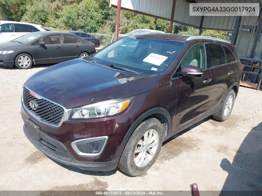 2016 Kia Sorento 2.4L Lx VIN: 5XYPG4A33GG017924 Lot: 40173573