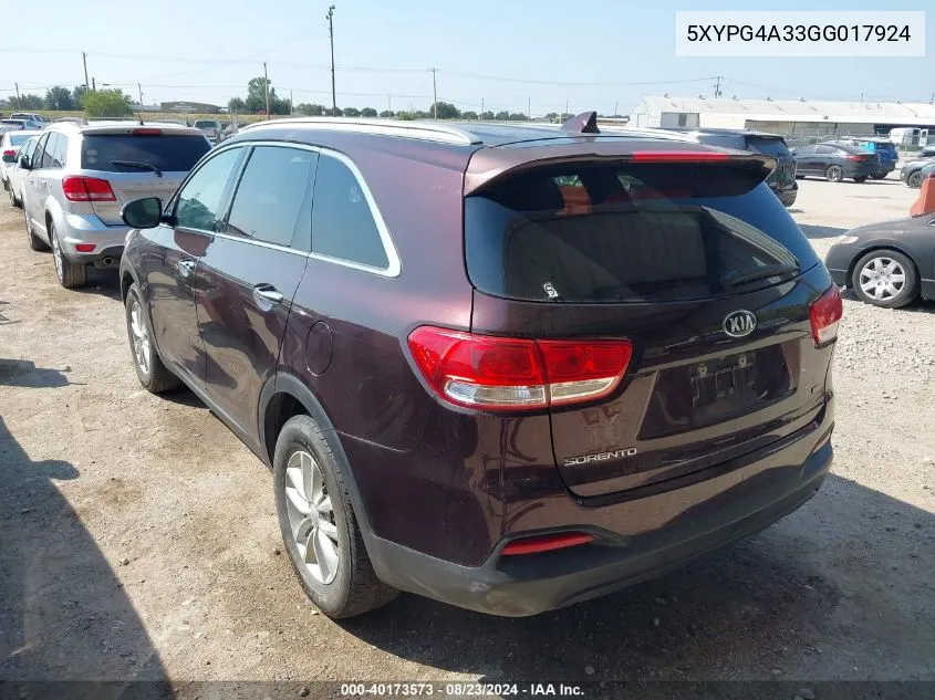 5XYPG4A33GG017924 2016 Kia Sorento 2.4L Lx