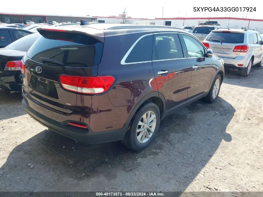 5XYPG4A33GG017924 2016 Kia Sorento 2.4L Lx