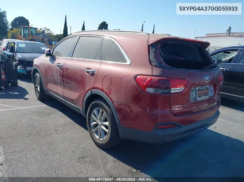 2016 Kia Sorento 2.4L Lx VIN: 5XYPG4A37GG055933 Lot: 40175547