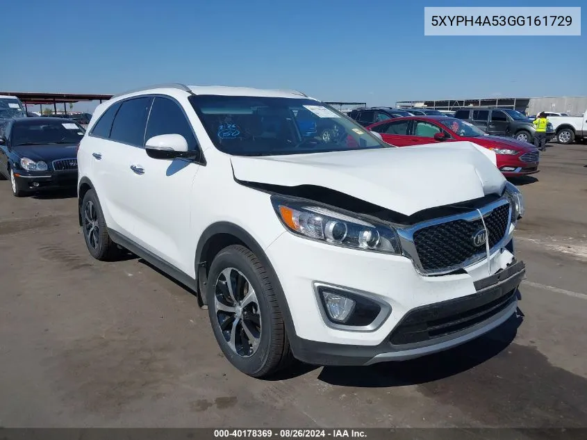 2016 Kia Sorento 3.3L Ex VIN: 5XYPH4A53GG161729 Lot: 40178369