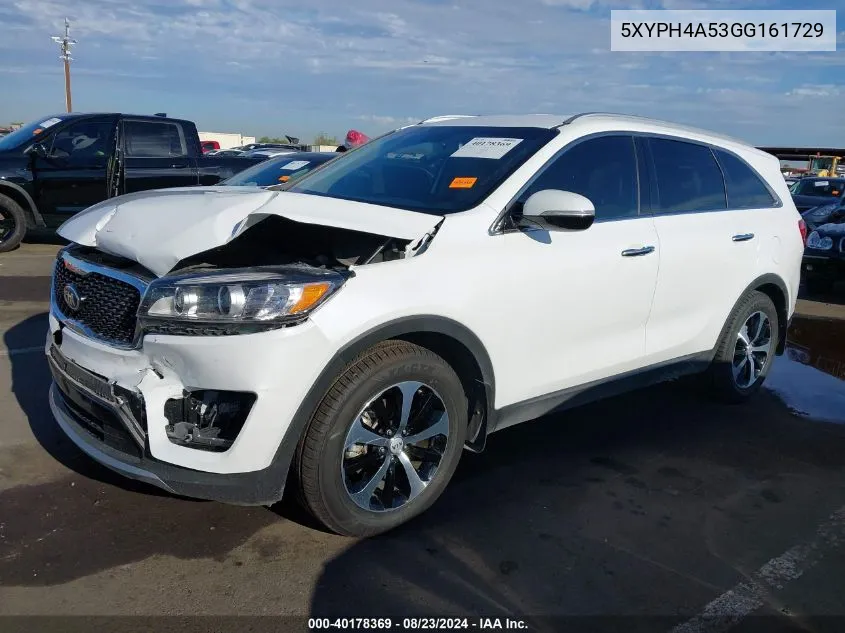 2016 Kia Sorento 3.3L Ex VIN: 5XYPH4A53GG161729 Lot: 40178369