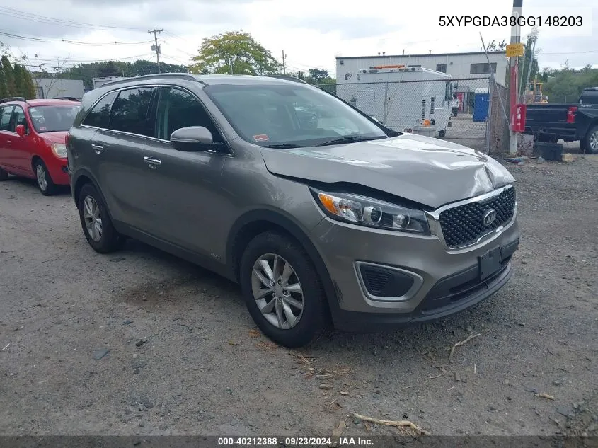 2016 Kia Sorento 2.4L Lx VIN: 5XYPGDA38GG148203 Lot: 40212388