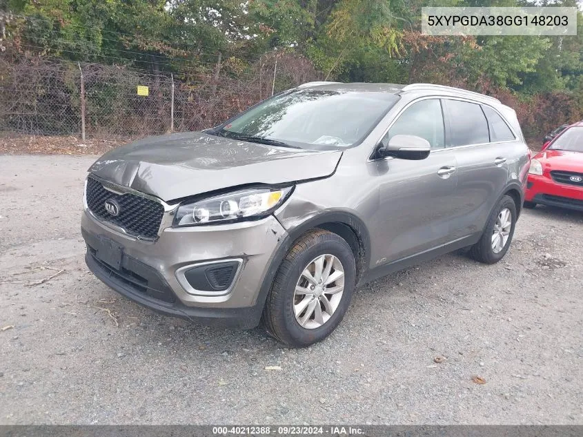 2016 Kia Sorento 2.4L Lx VIN: 5XYPGDA38GG148203 Lot: 40212388