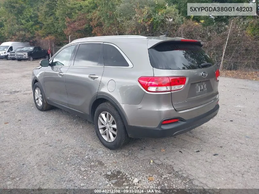 2016 Kia Sorento 2.4L Lx VIN: 5XYPGDA38GG148203 Lot: 40212388