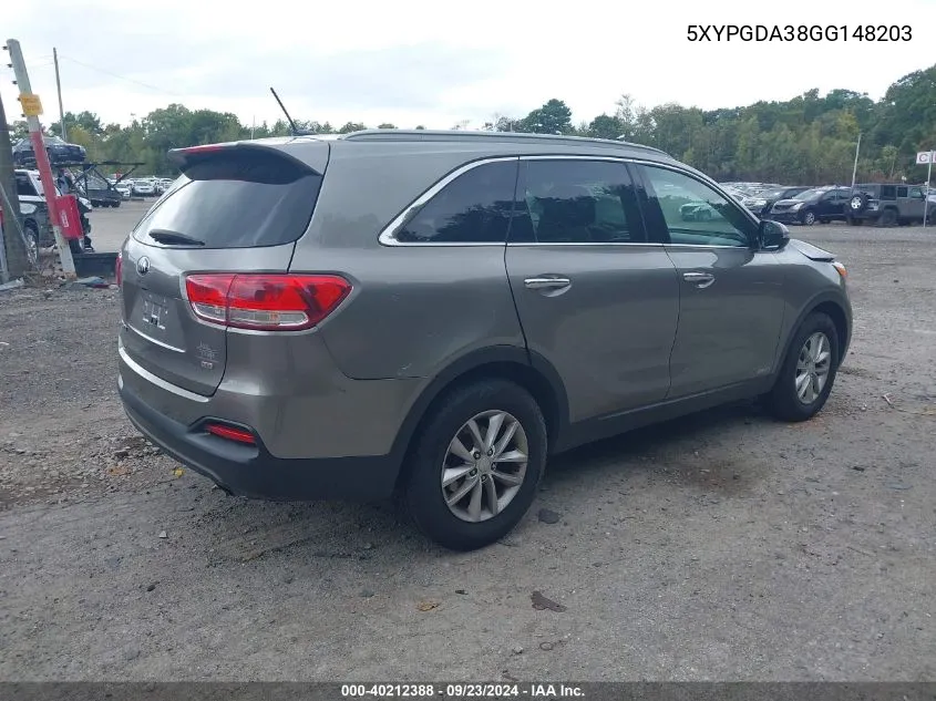 2016 Kia Sorento 2.4L Lx VIN: 5XYPGDA38GG148203 Lot: 40212388