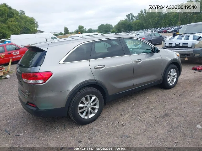 2016 Kia Sorento 2.4L Lx VIN: 5XYPG4A32GG049540 Lot: 40217847