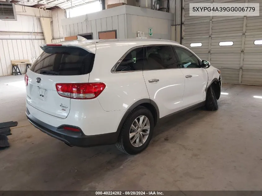 2016 Kia Sorento 2.4L Lx VIN: 5XYPG4A39GG006779 Lot: 40224282