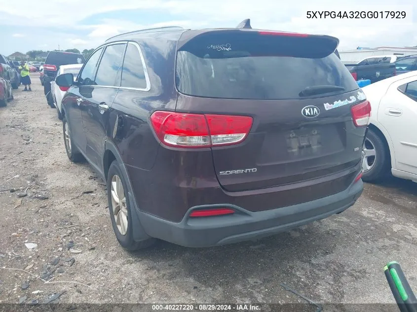 5XYPG4A32GG017929 2016 Kia Sorento 2.4L Lx