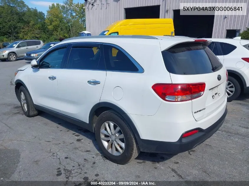 2016 Kia Sorento 2.4L Lx VIN: 5XYPG4A3XGG006841 Lot: 40233204