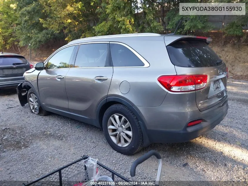 5XYPGDA38GG155930 2016 Kia Sorento 2.4L Lx