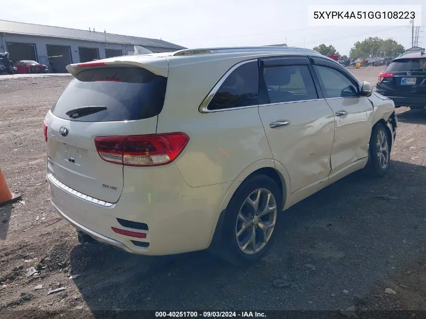 2016 Kia Sorento 3.3L Sx VIN: 5XYPK4A51GG108223 Lot: 40251700