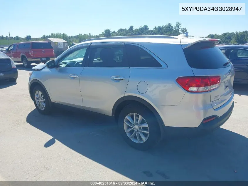 2016 Kia Sorento 2.4L Lx VIN: 5XYPGDA34GG028947 Lot: 40251816