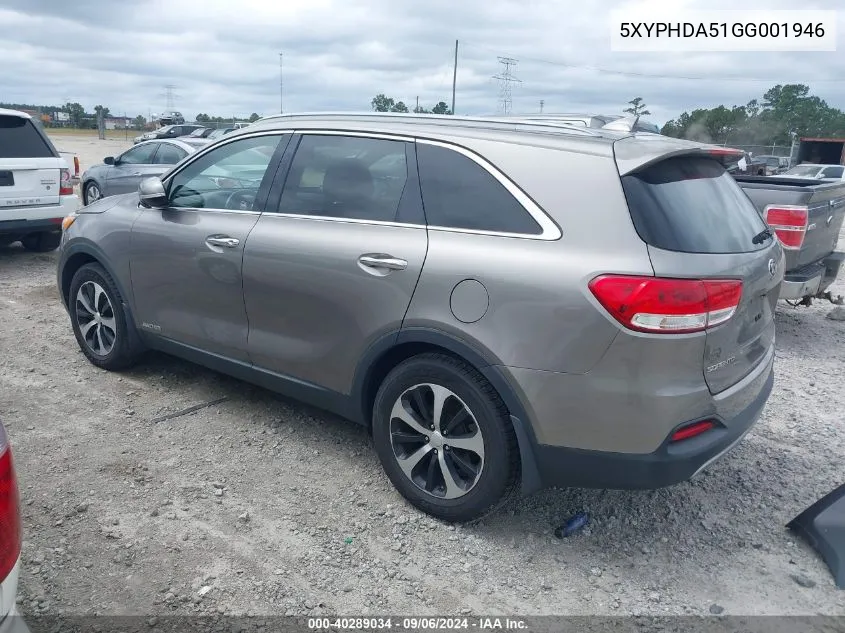 2016 Kia Sorento 3.3L Ex VIN: 5XYPHDA51GG001946 Lot: 40289034