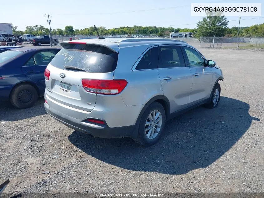 2016 Kia Sorento 2.4L Lx VIN: 5XYPG4A33GG078108 Lot: 40289491