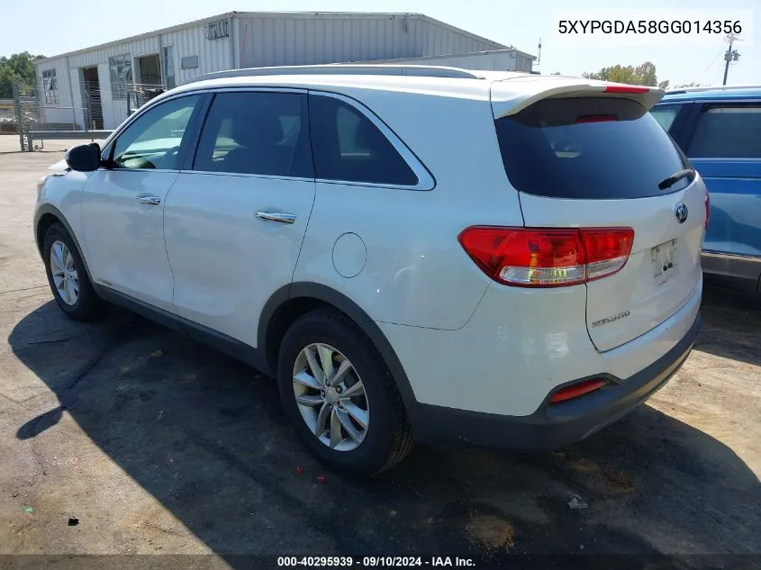 5XYPGDA58GG014356 2016 Kia Sorento 3.3L Lx